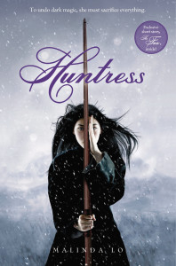 Cover of Malinda Lo's Huntress. Woman with long black hair holds a sword.