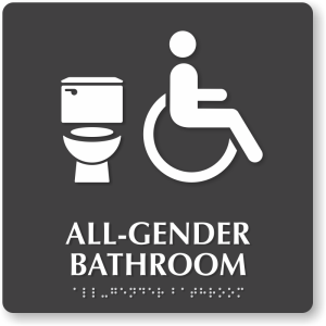 Bathroom sign with the symbols for toliet and a person using a wheelchair. The text and brail read All-Gender Bathroom